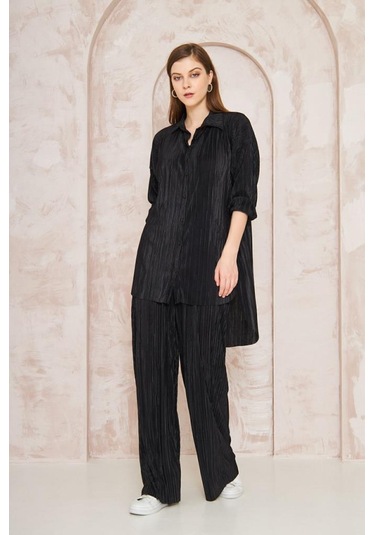 Kadın Pliseli Beli Lastikli Pantolon Tunik Gömlek Ikili Bürümcük Salaş Takım 3573300 Siyah