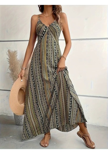 Kadın Ip Askılı Sırttan Çapraz Detaylı Yırtmaçlı Desenli Süprem Elbise Yeşil
