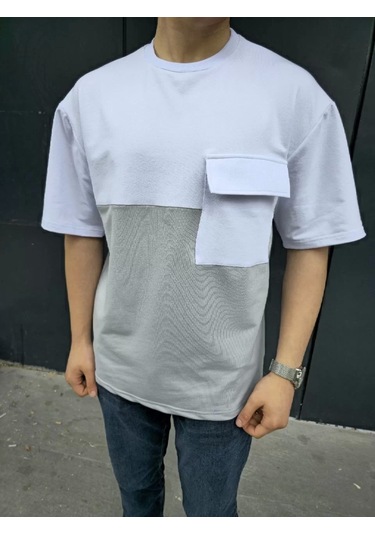 Unisex Torba Cep Detaylı Parçalı T-shirt - Gri Gri