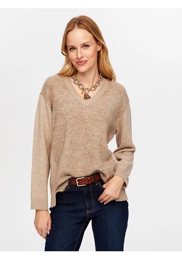 Faik Sönmez Önü Buklet Örgü V Yaka Kadın Triko Bluz W26trb014 Bej