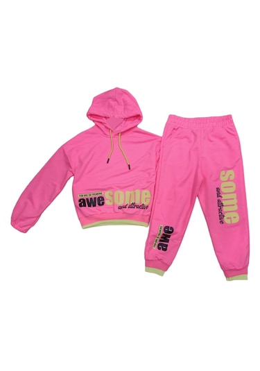 Kız Çocuk Pembe Renk Awesome Yazı Desenli Kapüşonlu Crop Model Eşofman Takımı Pembe
