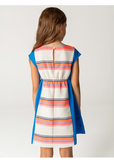 Sheshe Renkli Çizgili Beli Kuşaklı Kız Çocuk Elbise Renkli