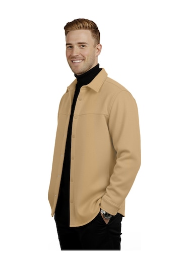 Deepsea Erkek Camel Likralı Rahat Kalıp Cepsiz Kaşe Ceket Çıt Çıtlı, Esnek Şık Model Ceket 0760 CAMEL