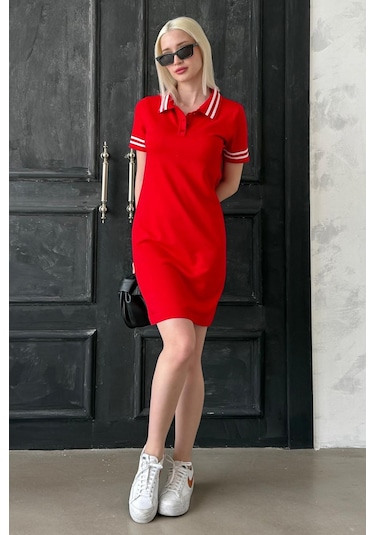 Madmext Kırmızı Polo Yaka Şerit Detaylı Kadın Elbise Mg2344