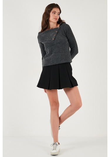 Lela Premium Regular Fit Kayık Yaka Düğme Detaylı Bayan Kazak 680Kz002563 Antrasit