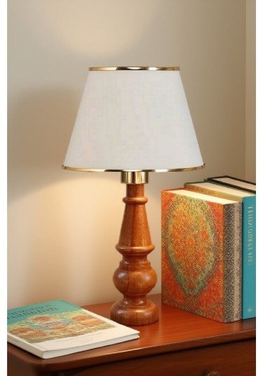 Ahşap Gövdeli Kumaş Başlıklı Dekoratif Abajur Masa Lambası Aydınlatma Lamba Krem