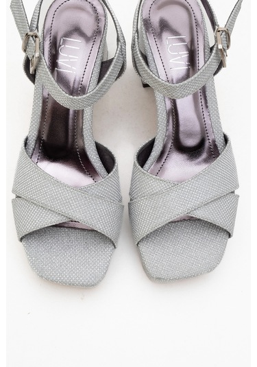 Lisbon Gümüş Simli Çapraz Bantlı Kadın Platform Topuklu Ayakkabı Gümüş