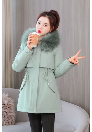 Snapbuy Kalın, Yumuşak Dolgulu, Midi Boy, Kapüşonlu, Kürk Detaylı Kadın Mont Su Yeşili
