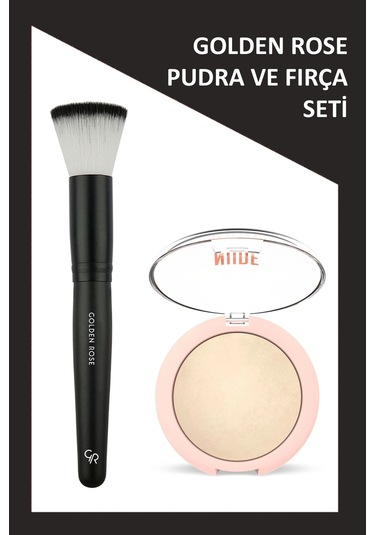 Round Face Brush - Fondöten Fırçası Ve Nude Look Sheer Baked Powder - Fair Glow - Sedefli Pudra Seti