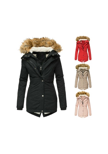 Kış Sıcak Kürk Yaka Kadın Fermuarlı Uzun Kollu Slim Fit Pamuklu Ceket Kapüşonlu Mont Kahverengi