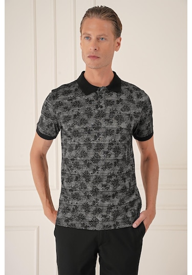 Slim Fit Dal Yaprak Desen Polo Yaka Pamuklu Siyah Tişört Ts 884 Siyah