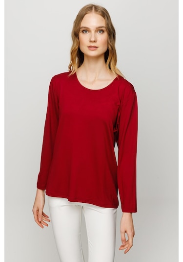 Kadın Sıfır Yaka Basic Penye Bluz Bordo bordo