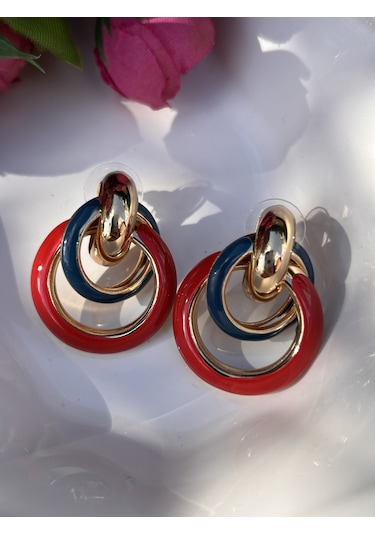 Bymerve Abiye Tasarım Halka Gold Tabaka Kırmızı 3,5cm Kadın Çelik Küpe Kırmızı