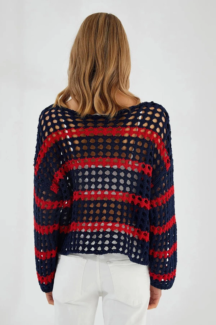 6877 Kadın Çizgili Ajurlu Kayık Yaka Triko Kazak Lacivert Lacivert