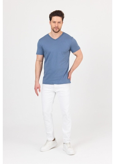 Erkek Compact Penye V Yaka T-shirt Turkuaz