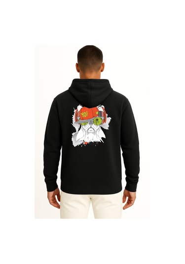 Kapüşonlu Funny Dog With Hat And Headphones Cep Ve Sırt Tasarımlı Unisex Sweatshirt Siyah