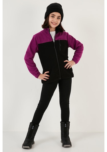 Lela Yumuşak Dokulu Fermuarlı Renk Bloklu Dik Yaka Cepli Hırka Unisex Çocuk Polar 5905001 Mor-Siyah