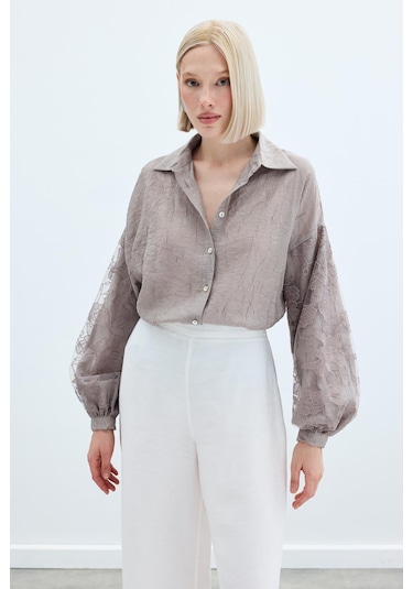 Sateen Nakış Detaylı Kraşlı Gömlek - Vizon-136257 Vizon