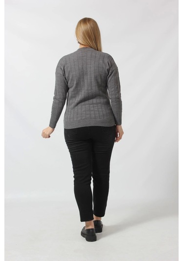 Y6328 Fındık Örgü Detaylı Triko Kazak Gri