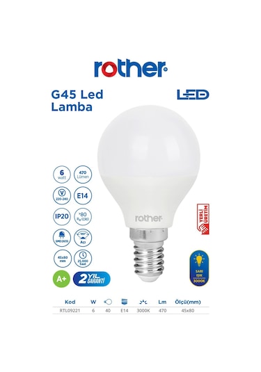 Rtl09221-10 Rother G45 Led Ampul 6w E14 470 Lümen 3000k Sarı Işık Enerji Tasarruflu Ampul 10 Adet