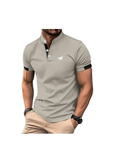 Logo Baskılı Erkek Yaz Kısa Kollu Düğmeli Polo Gömlek Erkek Slim Fit Golf Polo Gömlek Dik Yaka Polo Gömlek Gri Logo Baskılı Erkek Yaz Kısa Kollu Düğmeli Polo Gömlek Erkek Slim Fit Golf Polo Gömlek Dik Yaka Polo Gömlek Gri