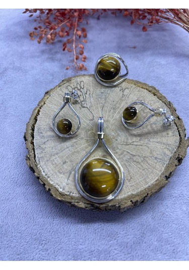 Nsa Gümüş Kaplan Gözü Taşı 925 Ayar Doğal Taş El İşi Gümüş Set