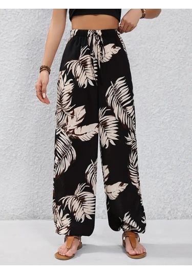 Gülsüm Aydın Kadın Yüksek Bel Bağcıklı Yaprak Desenli Süprem Pantolon Çok Renkli
