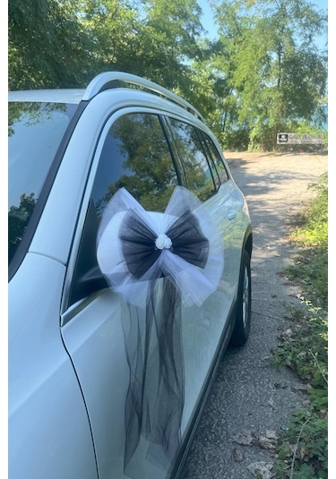 30 Adet Beyaz Siyah Kristal Tül Beyaz Latex Gül Kuyruk Detaylı Düğün Nikah Kına Sünnet Konvoy Süsü Beyaz Siyah