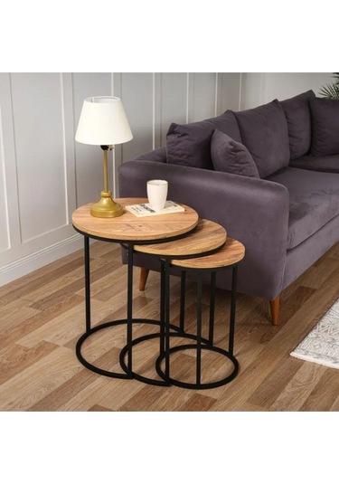 Alya Yuvarlak Ahşap Üçlü Zigon Sehpa Siyah