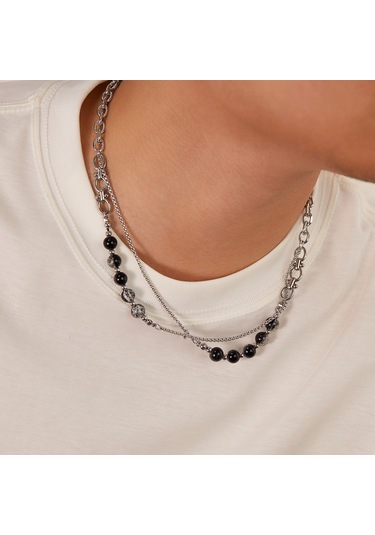 Sones Opk Gx2416 Paslanmaz Çelik Çift Zincir Cam Boncuk Kolye Çok Renkli