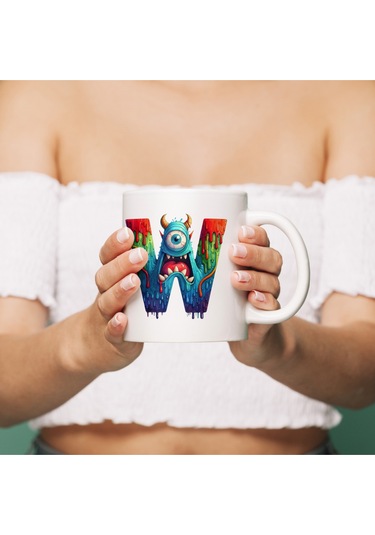 W Harfi Bardak, Sevimli Canavarlar Harflı Bardak Hediyesi Porselen Beyaz