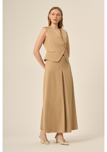 Ftz Women Kadın Yelek Etek Çizgili Takım Beige 31147 Beige