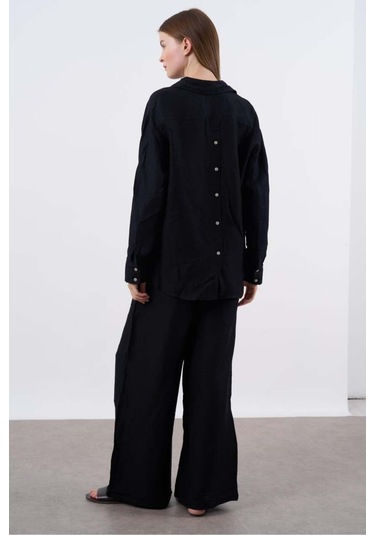 Kadın Keten Gömlek Pantolon Takım Siyah