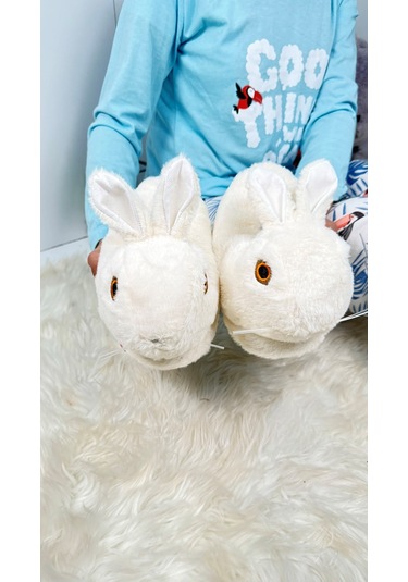 Kadın Panduf Tavşan Figürlü Peluş Ev Botu Desenli Düz Taban Rahat Hafif 359 Ekru