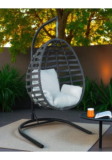 Armut Salıncak Tek Kişilik Rattan Örgü Bahçe Balkon Ev Salıncağı Gri