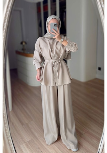 Ka Hijab Bağcıklı Bluz Pantolon Takım - Bej