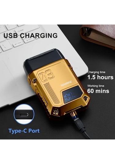 Çift Bıçaklı Ağ Hatteker Taşınabilir Erkek Elektrikli Tıraş Makinesi - Altın Mini Geri Dönüşlü Sakal Düzeltici Lcd Ekranlı, Usb Şarj Edilebilir, Çift Ve Üçlü Baş Seçenekleri İle Geliştirilmiş Bakım
