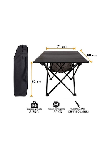 Funky Chaırs Black Katlanabilir Kamp Masası Büyük 71 X 68 X 62cm Siyah