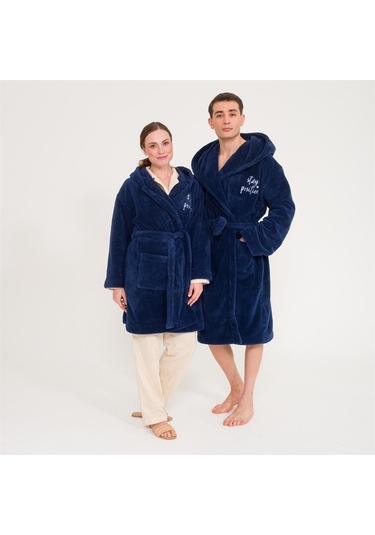 Uzun Kapüşonlu Welsoft Sabahlık Aile Seti-Lacivert