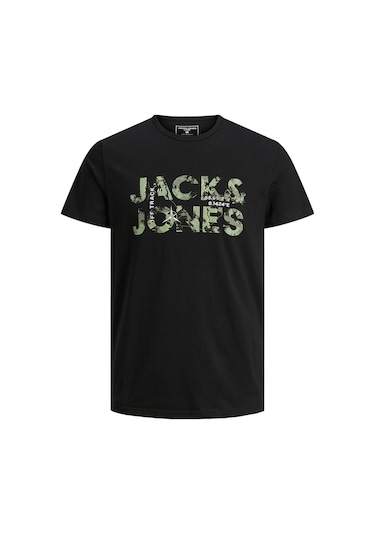 Jack & Jones 12215700 Techlogo Bisiklet Yaka Logolu Erkek Tişört Siyah Beyaz