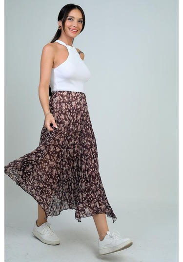 Kadın Beli Lastikli Astarlı Mini Çiçekli Midi Kraşlı Üçgen Etek-41769 Kahve