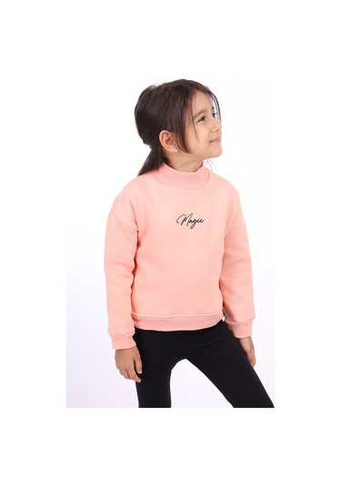 Kız Çocuk Relax Fit Dik Yaka Düşük Omuz Nakış Baskılı Sweatshirt - 3 İplik Şardonlu Somon