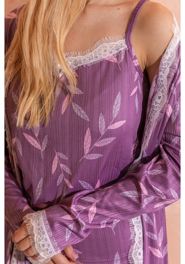 Sabahlıklı Dantel Detaylı Pegasus Kadın Pijama Takımı-çeyizlik Takım- Geniş Beden Aralığı Lila