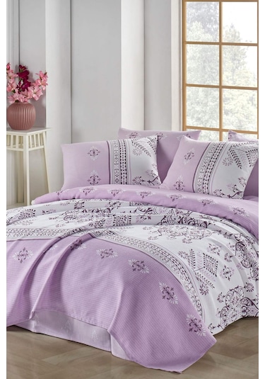 Loreta Lila Baskılı Pike Takımı Çift Kişilik %100 Pamuk