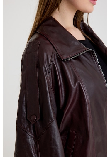 Oversize Kısa Bayan Deri Ceket Vb-14-bk-2847-24115 Bordo