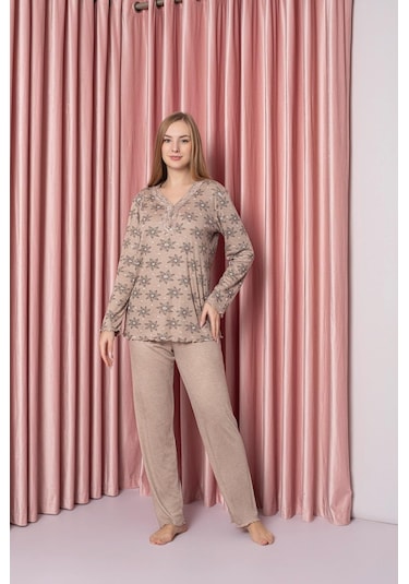 Kadın V Yaka Puantiye Desen Bambu İnterlok Anne Pijama Takımı P5046-vizon Vizon
