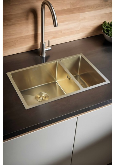 Uka Serisi %100 Krom 70x45 Paslanmaz Mutfak Eviyesi, Mutfak Lavabosu Sifon Dahil Gold
