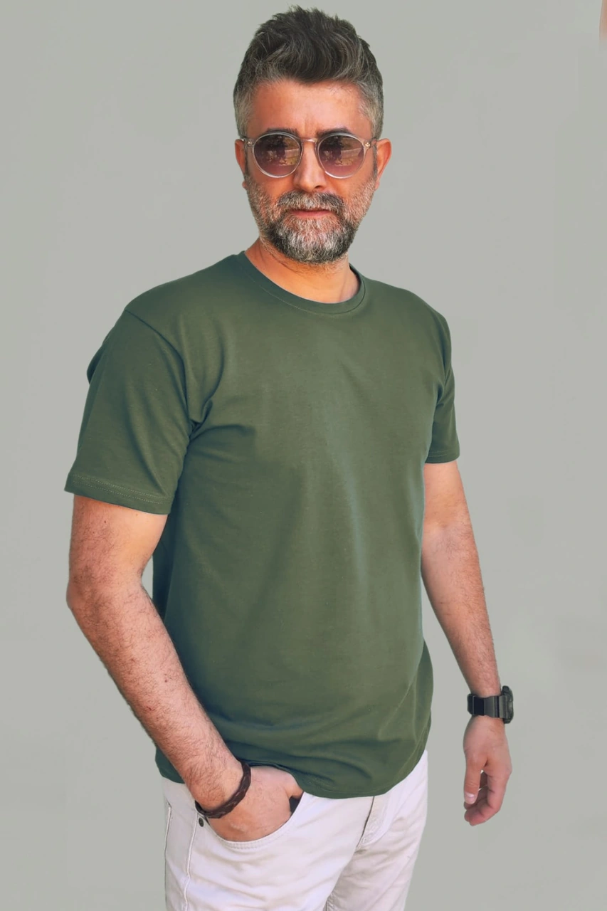 Erkek Yeşil Slim Fit Bisiklet Yaka Pamuk Elastan Basic Tişört Vk-erkektişört-tekli Asker Yeşil