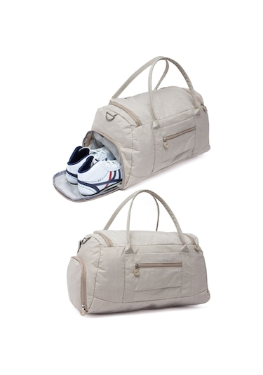 Bej Krinkıl Kumaş Ayakkabı Bölmeli 0818 Önü Cepli Su Geçirmez Omuz Askılı Spor Ve Seyahat Çantası Bej