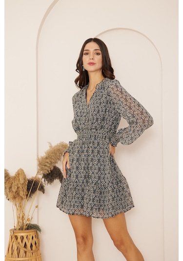 Darlin Moda Mavi Desenli Mini Şifon Elbise Dm1027 Mavi